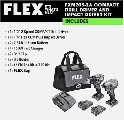 FLEX COMPACT 24-volt 2-Tool Brushless Power Tool Combo Kit with Case SHIPS TODAY