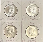 1964 Kennedy Half Dollars 90% Silver Lot of 4
