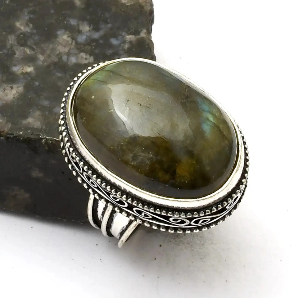 Labradorit Edelstein Handarbeit Antik Design Ring Schmuck US Größe - 9 AR 33555