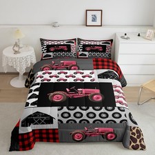 Kids Tractor Comforter Red Farm Tractor Bedding Set for Kids Boys Girls Equip...