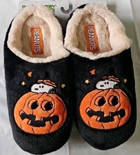 Women's Peanuts Snoopy Jack O Lantern Black Scuff Slippers