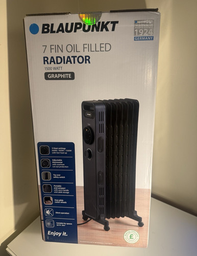 Blaupunkt 7 Fin Oil Filled Radiator 1500W Graphite 3 Heat Settings Castors