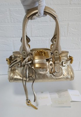 Chloe Paddington Mini Champagne Gold Leather Bag Padlock Card Auth