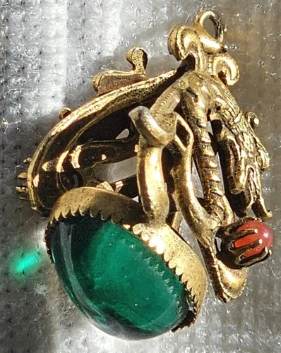 Vintage Chinese Dragon Naga Pendant Green Glass Faux Gold Tone Costume Jewelry
