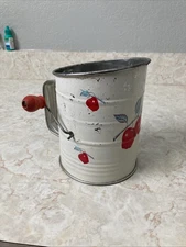 Vintage Metal Hand Held Flour Sifter Red Apples And Red Wood Knob Handle 
