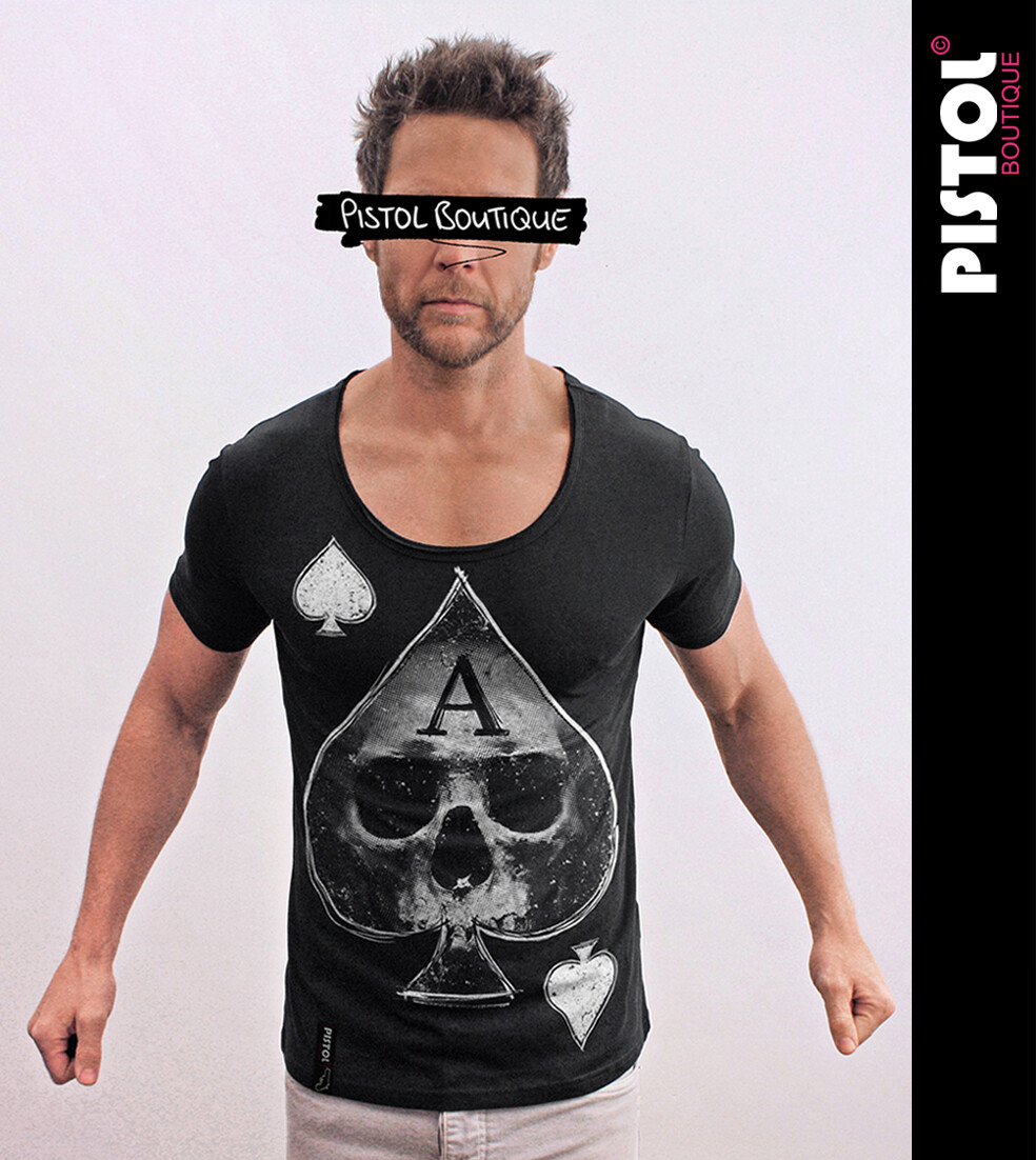 Pistol Boutique Men's Fitted Black Round Scoop Neck ACE OF SPADES SKULL T-shirt