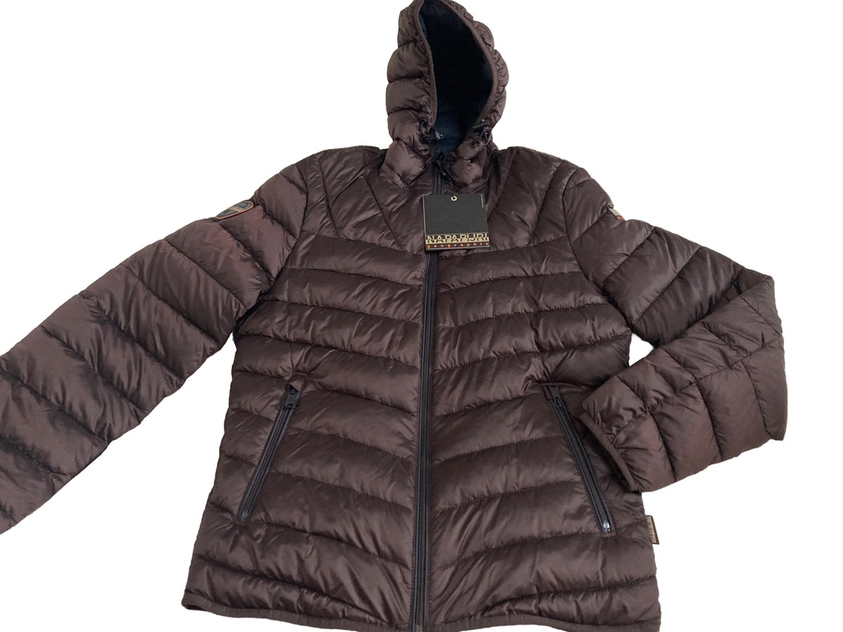 Napapijri Aerons Hooded Puffer Jacket Brown Ebony Size XS UK