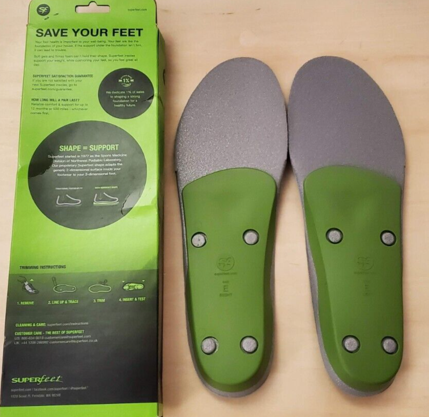 Superfeet GREEN High Arch Orthotic Insoles Sz E Men's 9.511 Women's