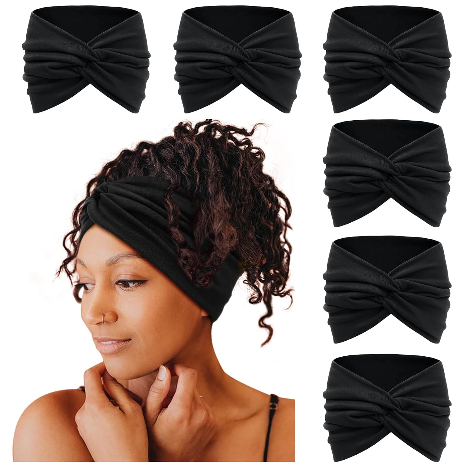 Extra Wide 7-Inch Black Twisted Knot Turban Headband for Women
