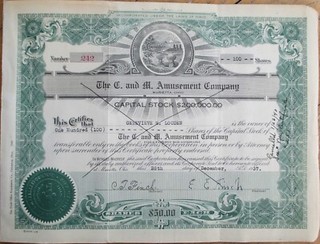 C and M Amusement Co. 1937 Stock Certificate Marietta OH Ohio Theatre Theater