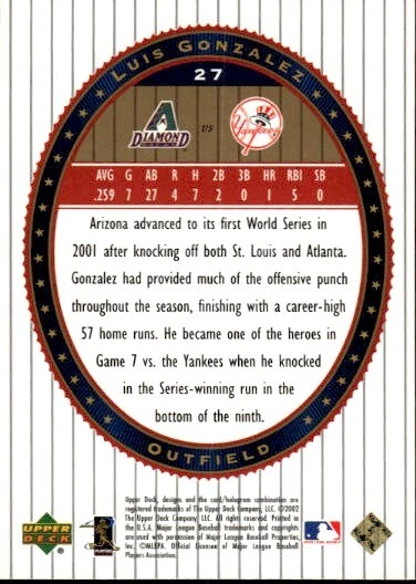 2002 Upper Deck World Series Heroes #27 Luis Gonzalez - Image 2 of 2