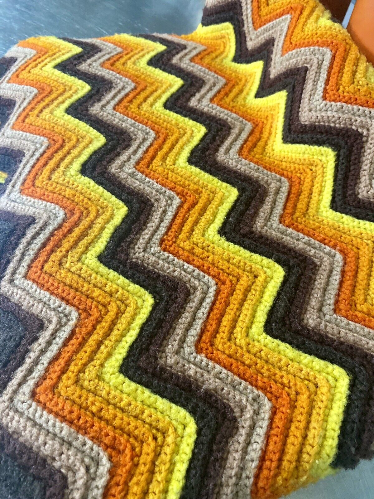 Vtg Crochet Handmade Afghan Throw Blanket Chevron 55”x36” Brown Orange MCM