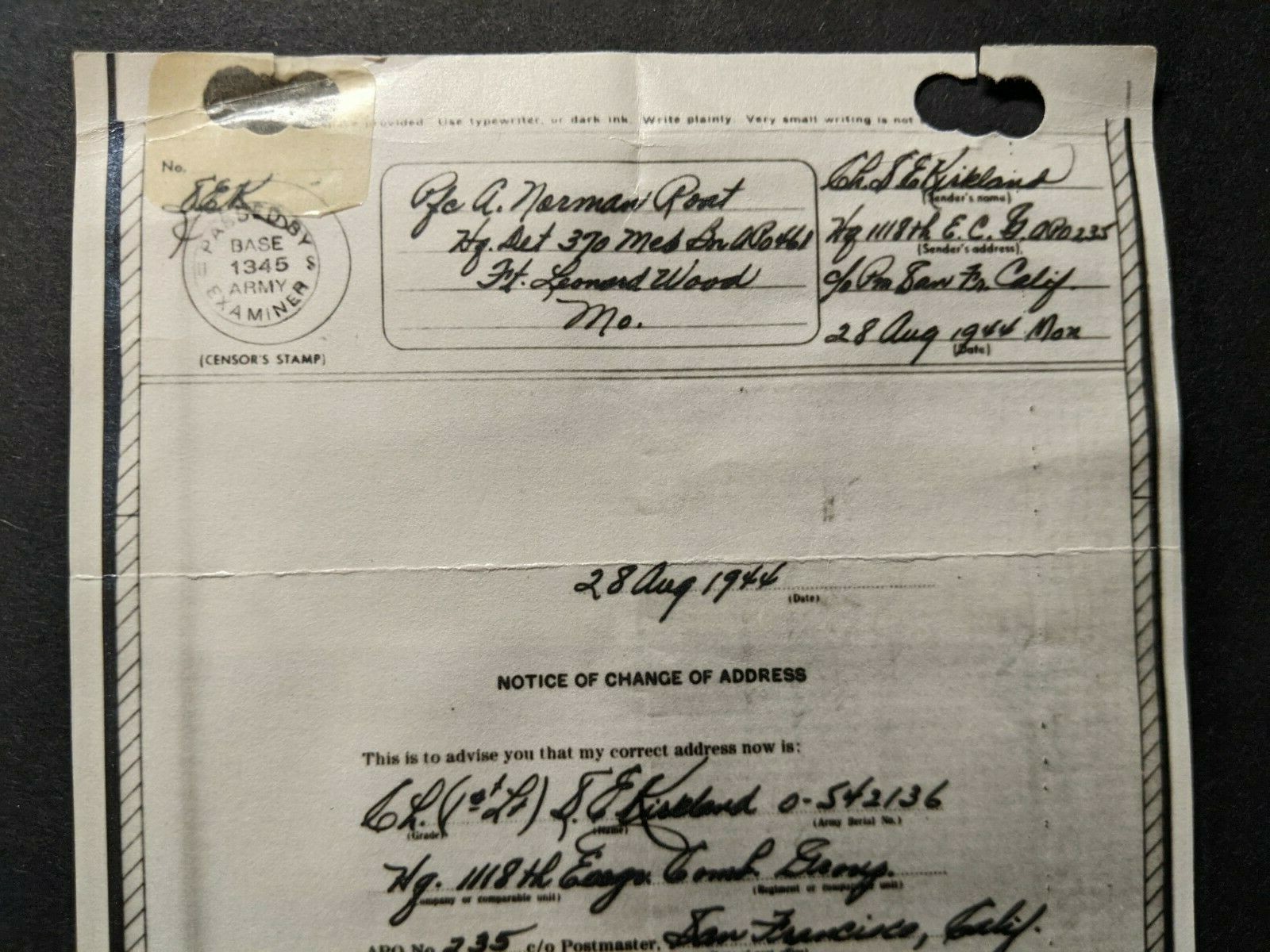 APO 235 SCHOFIELD BARRACKS, OAHU, HAWAII 1944 Army Cover 1118 ENGR V