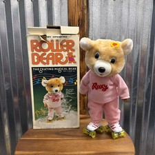 Vintage Roxy Roller Bear Toy Mechanical Roller Skating Bear 14  w/ Box Musical