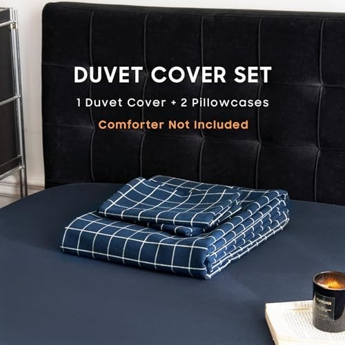  - Grid Cotton Duvet Cover Set, Plaid Checkered Geometric Full Navy Blue - Picture 3 of 8