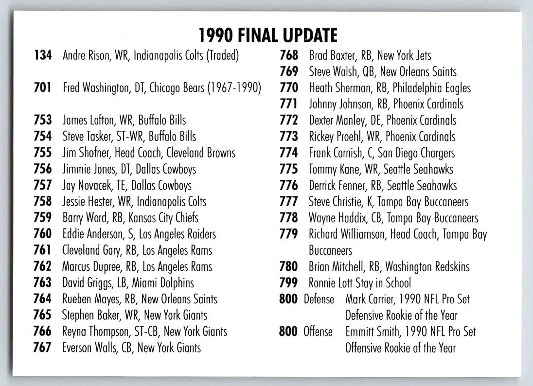 1990 Pro Set FINAL UPDATE CHECKLIST #NNO * unchecked *