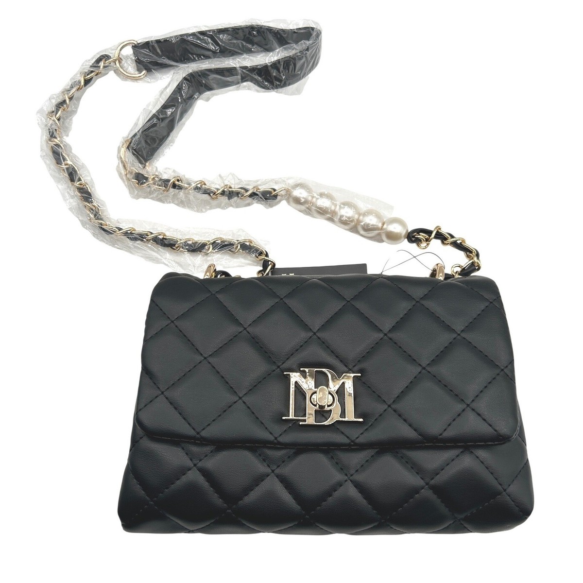 Badgley Mischka Crossbody Bag. Black Quilted,Pearl/Chain 