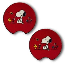 Snoopy & Woodstock Car Coasters – Red with Flowers – set of 2
