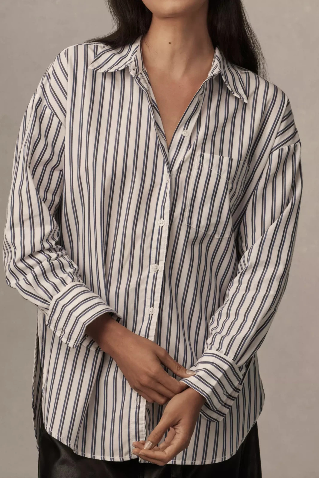 Anthropologie Maeve The Bennet Buttondown Shirt Top Indigo Stripe Size L NWT