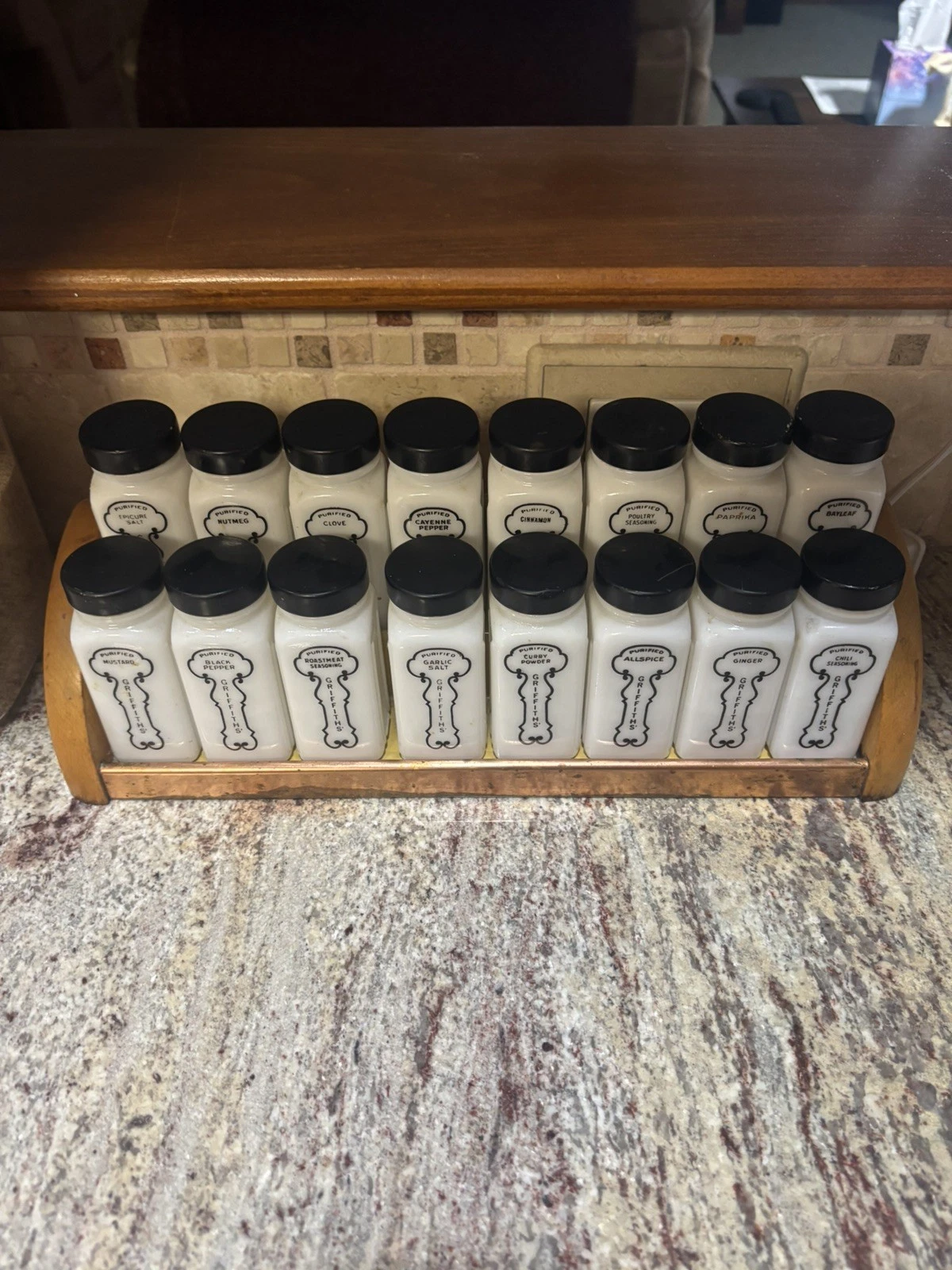 COMPLETE Griffith Milk Glass Black Spice Jar Set, 16 pcs. w/ Metal Lids and Rack