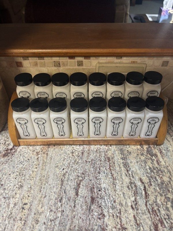 COMPLETE Griffith Milk Glass Black Spice Jar Set, 16 pcs. w/ Metal Lids and Rack