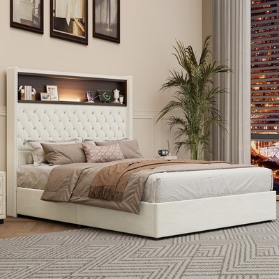 Full Size Velvet Bed Frame w/ Tufted Storage Headboard & Night Light & USB Ports