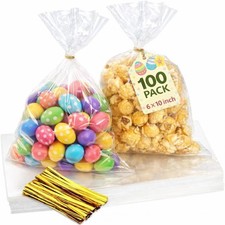 100 Pack 6 x 10 Inch Clear Treat Bags with Gold Twist Ties, Cellophane Bags