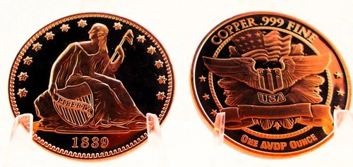 1 oz   .999 Pure FINE USA COPPER ~  SEATED LIBERTY 1839 ~ stunning   25cp