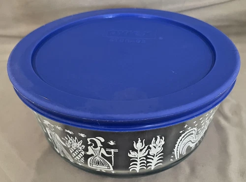 Pyrex Amish Butterprint Clear Glass Storage Bowl Blue Lid Birds Rooster 4 Cup