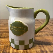 Decorative Jar Pitcher 6" Ceramic “Happiness Is Homemade” Cream & Green Checker