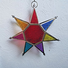 Lantern Tea Light Holder Hanging Star Recycled Glass Rainbow Metal Frame India