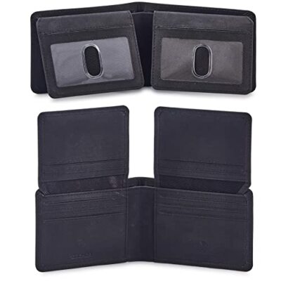 Mens Wallet Real Leather Bifold RFID Blocking High Capacity Card Case with 2 id