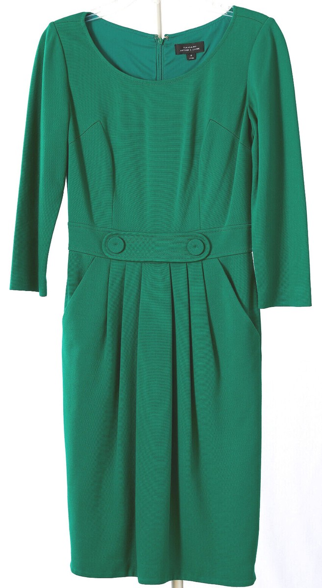 tahari green dress Arthur S. Levine Size 4 Knee Length 3/4 Sleeve Front Pockets Style M03839