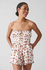 UO Betti Print Linen Romper Urban Outfitters Floral Button Ruffle Ivory XS NEW
