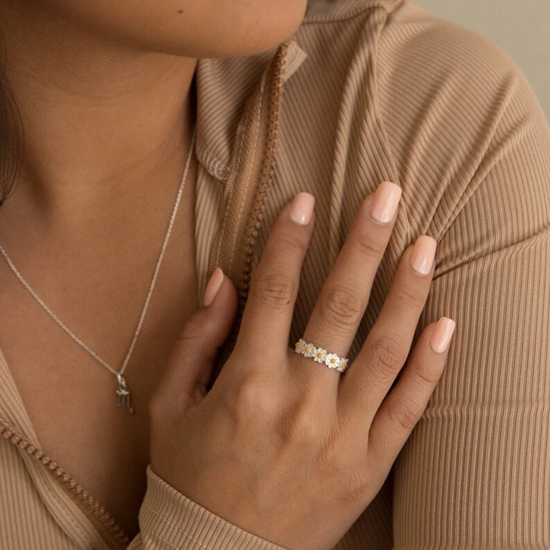 Silver Daisy Flower Enamel Ring - Dainty Floral Jewelry for Women Boho Ring - Image 2 of 4