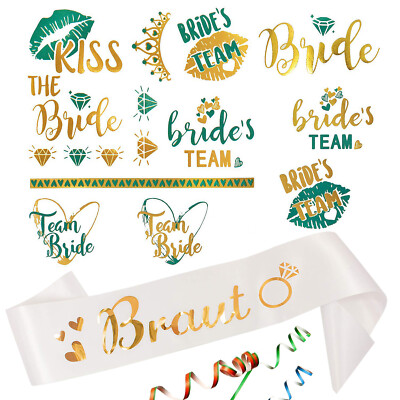 Braut Schärpe + Bride / Team Bride Tattoo Set JGA Hen Party Hochzeit Weiß Gold