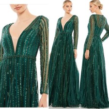 $698 MAC DUGGAL 8 PLUNGING STRIPED SEQUIN LONG SLEEVE GOWN DRESS EMERALD 11184