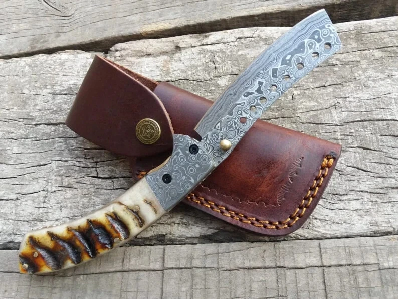 BEAUTIFUL DAMASCUS STEEL HANDMADE FOLDING POCKET KNIFE RAM HORN HANDLE - Image 2 of 4