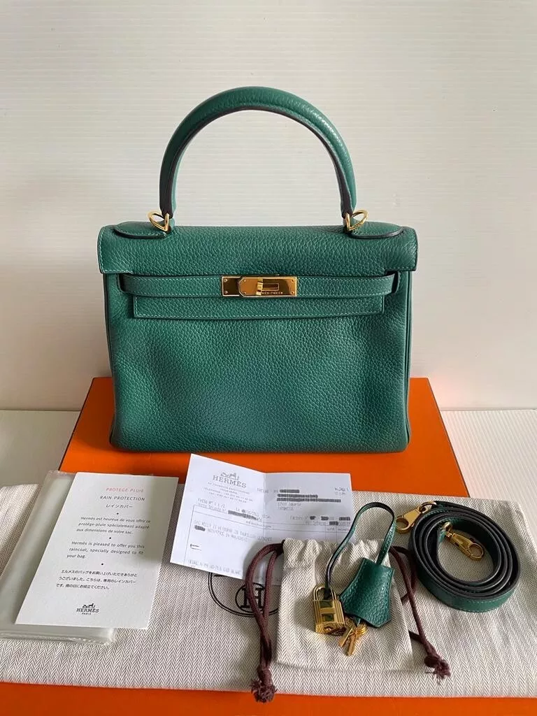 Preloved Vintage HERMES Kelly 28 Malachite TOGO Gold hw #Q (Full set copy  rec)