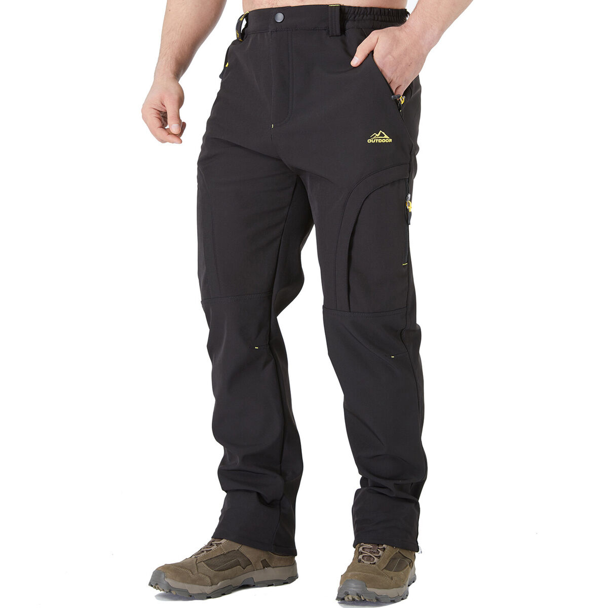 Men's Fleece Lined Outdoor Waterproof Windproof Pants Snow Ski Hiking  Mountain Warm Softshell Pants with Elastic Waist