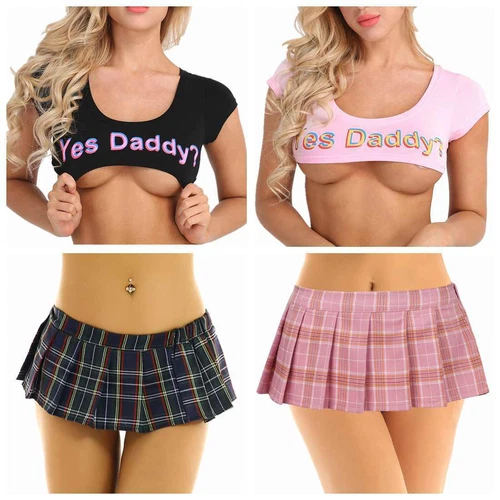 Women Lingerie School Girl Uniform Costume Outfit Top Mini Plaid Skirt Roleplay - Picture 2 of 94
