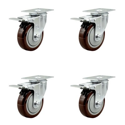 4 Inch Maroon Polyurethane Swivel Top Plate Caster Set with Total Lock Brake SCC