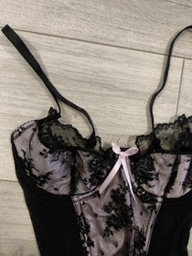 Ann Summers Black & Light Pink Satin Lace & Mesh Suspender Basque Size 36B