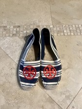 Tory Burch Striped Canvas Espadrille Flats With Red Logo Size 8 (B)