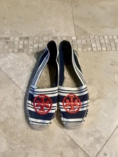Tory Burch Striped Canvas Espadrille Flats With Red Logo Size 8 (B)