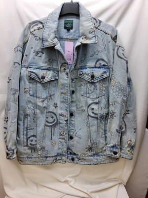 Wild Fable Graffiti Alien Flower Peace Art Jean Jacket Size XS
