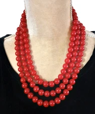 Vintage Monet triple strand  chunky red based 20" necklace hook closure