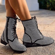 New Women's Bling Rhinestone Lace-Up Combat Military Moto Ankle Boot Booties Zip