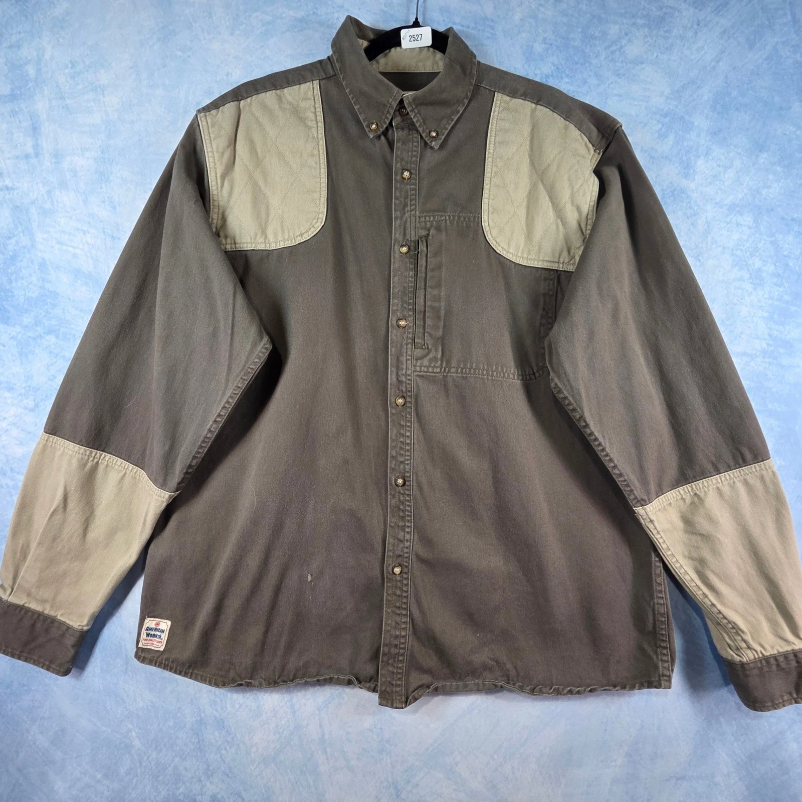American Worker Men XL Shooting Shirt Quilted Shoulder Canvas Hunting Olive Khak