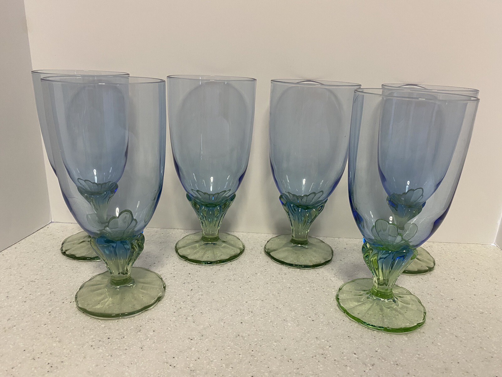 Bormioli Rocco Bahia Iced Tea Glasses Blue Green Scallop Stem Set of 6